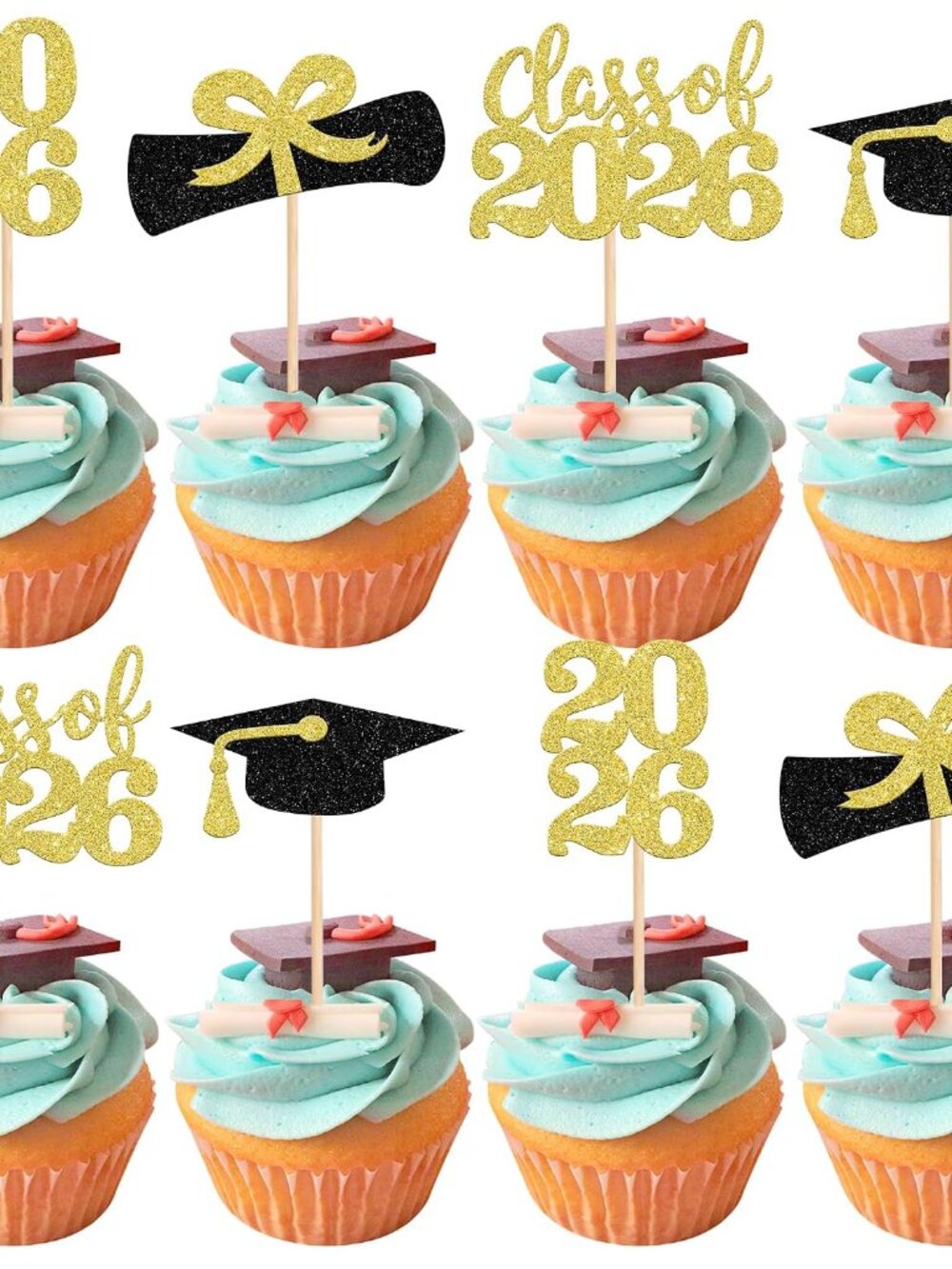 36 PCS 2026 Graduation Theme Cupcake Toppers Glitter Class of 2026 Grad Cap Dipl